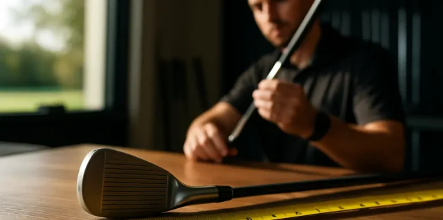 Golfer reviewing fitting metrics on a launch monitor during a club fitting