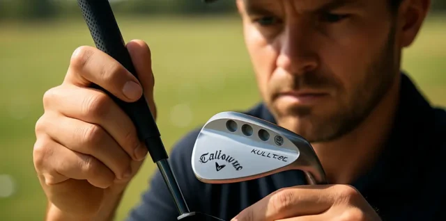 Full Toe SP wedges on a fitting bench beside loft and lie tools