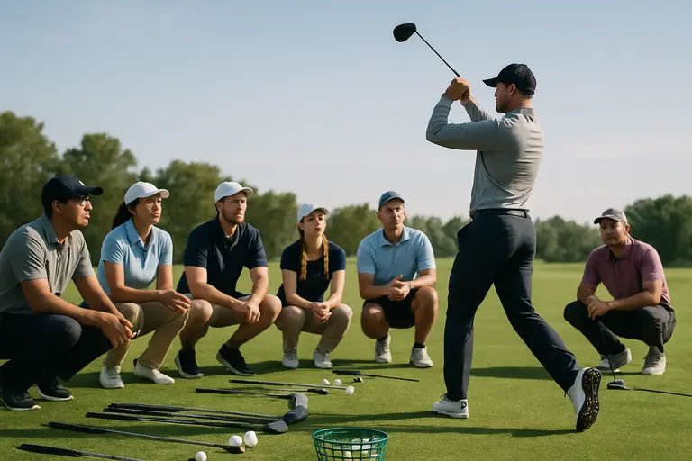 Golfer comparing iron heads with a fitter at a workbench