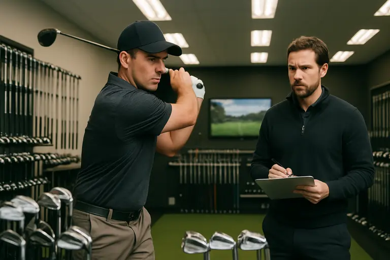Golfer hitting an iron from grass while a launch monitor records the shot