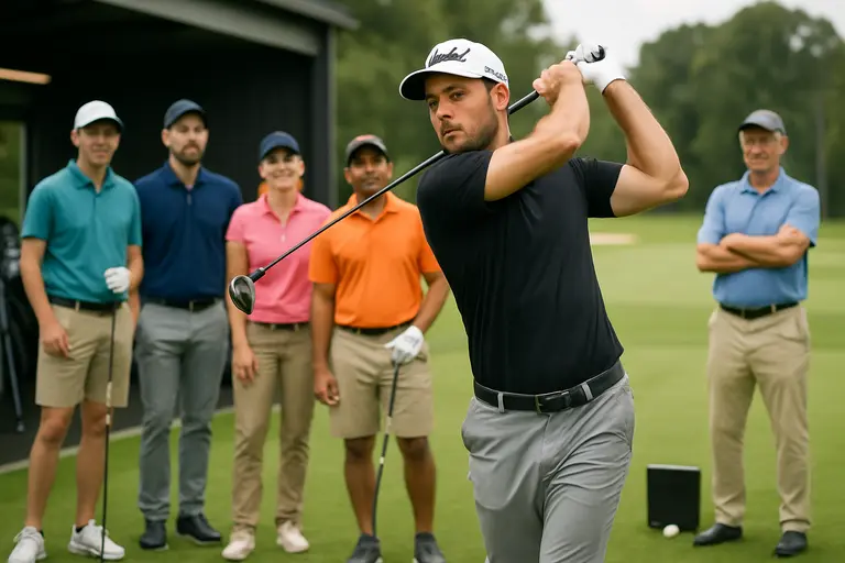 Golfer hitting driver on a practice tee with a compact head profile