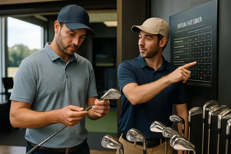 Golfer reviewing launch monitor numbers with a fitter after a shot