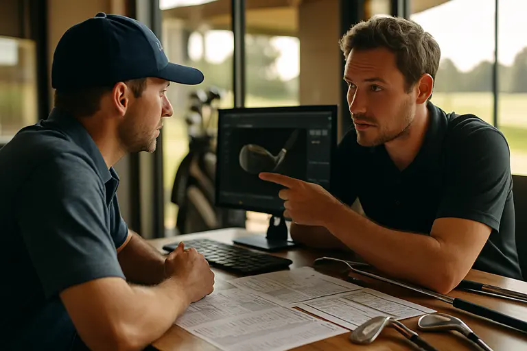Golfer testing an iron indoors while a fitter reviews launch data