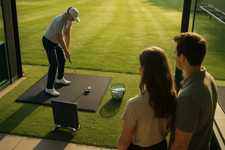 Golfer warming up before testing clubs with a launch monitor