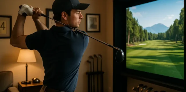 Home Golf Simulators setup with retractable screen and launch monitor in a garage
