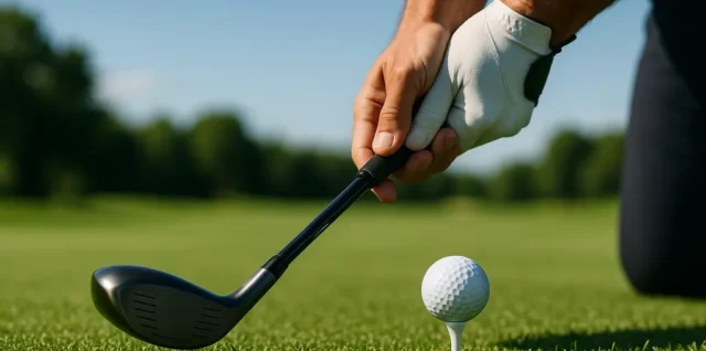 Fitter comparing hybrid clubs, fairway woods, and utility irons on a hitting bay rack