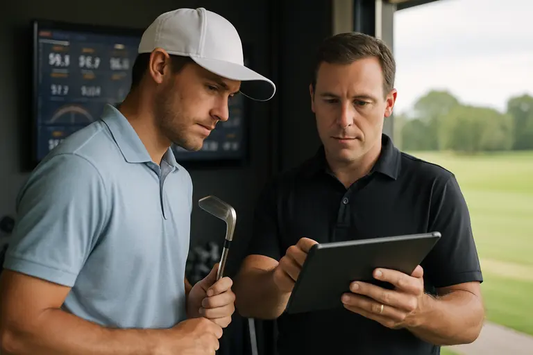 Launch monitor behind a golfer testing clubs indoors