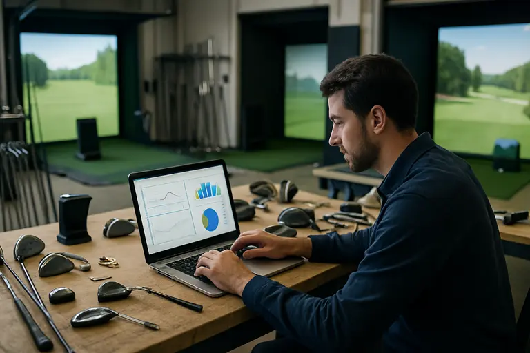 Launch monitor beside a hitting mat during an indoor driver fitting session