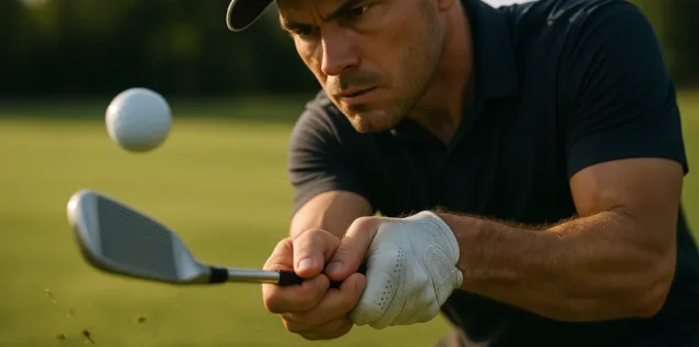 Golfer testing driver loft selection mistakes on a launch monitor indoors