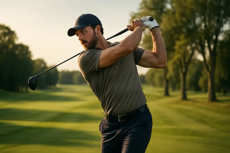 Male golfer hitting an iron shot during a controlled shaft fitting
