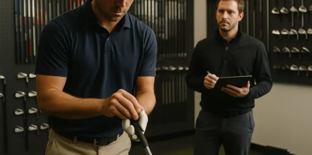 Golfer reviewing premium club fitting data beside clubs in an indoor bay