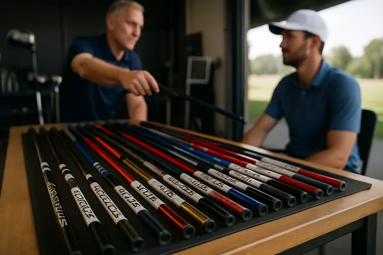 Several driver shafts lined up beside a club build station