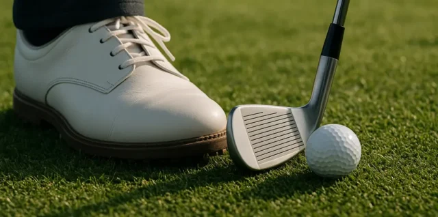 sole matching irons resting on short fairway turf beside a shallow divot