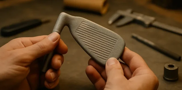 Cobra 3D Printed Irons on a fitting bench beside shafts and lie tape