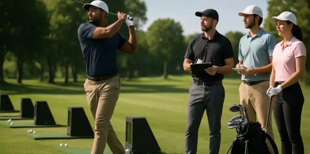 Golfer testing a driver during a Black Gold Fitting session on a practice tee