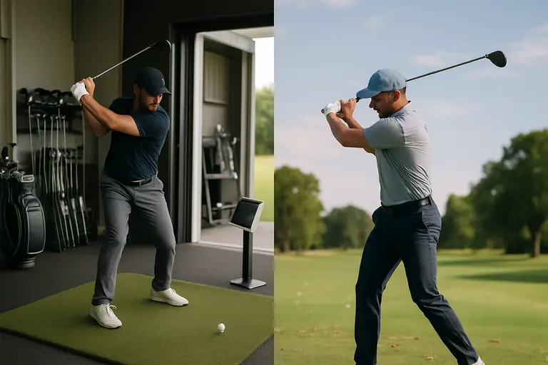 Golfer hitting from a covered bay toward an outdoor range