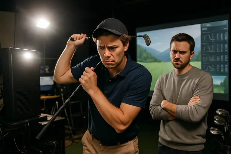 Golf ball on indoor turf with clubs and a data screen in the background