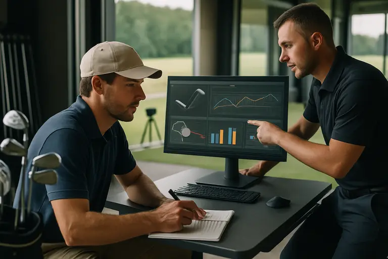 Launch monitor numbers displayed after a golfer hits an iron shot indoors