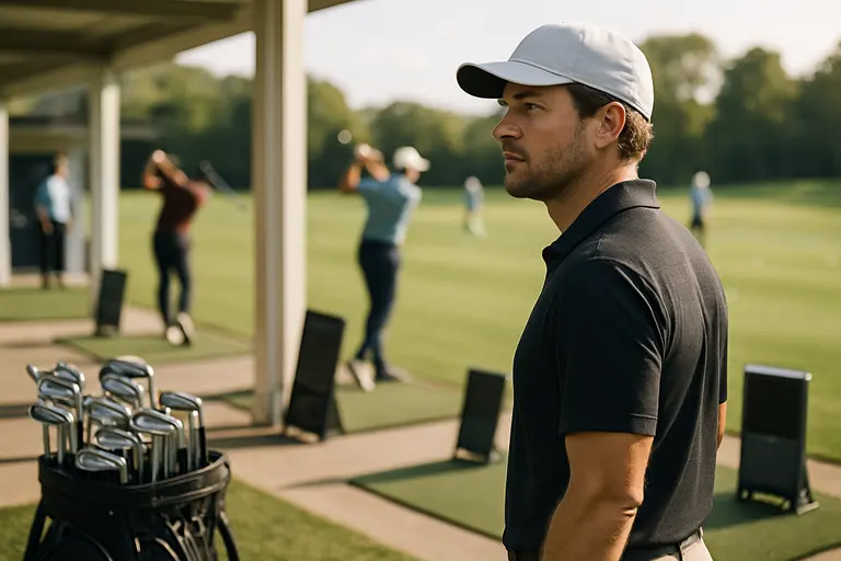 Golf fitting bay with test clubs lined up beside a hitting mat