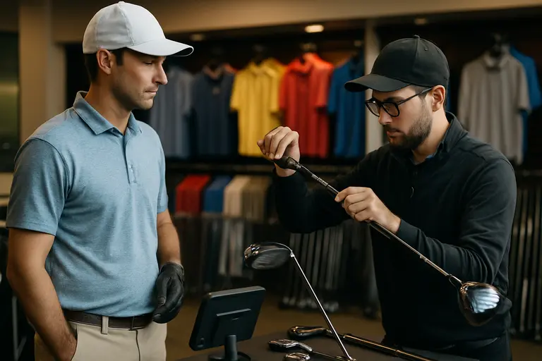 Club fitting bay with shafts, grips, and a quote sheet on a workbench