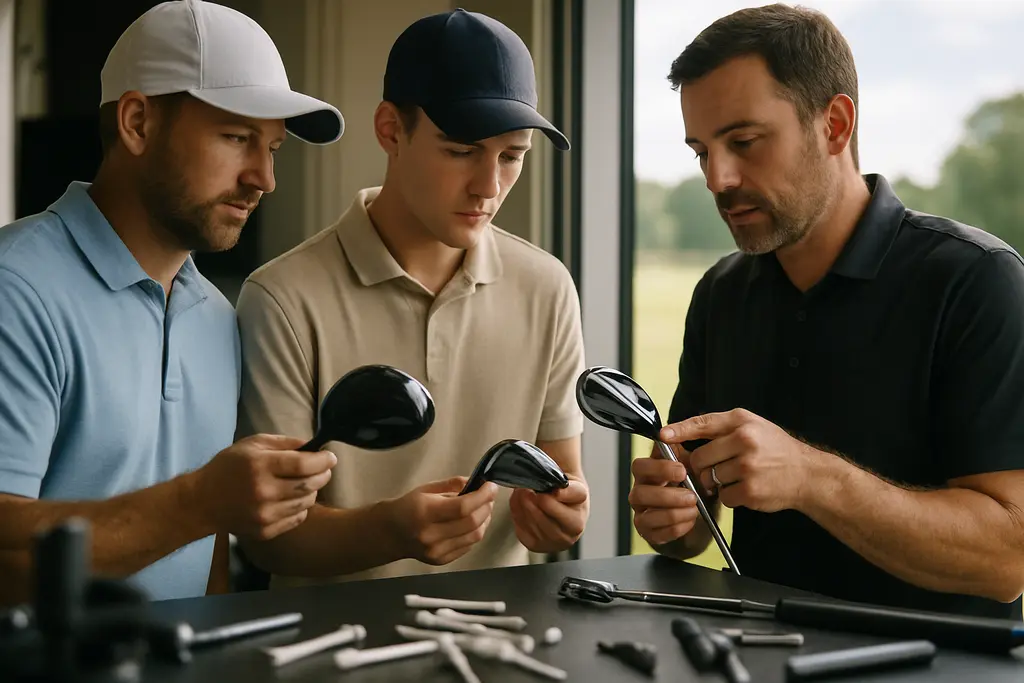 club fitting services bay with a golfer testing irons on a launch monitor