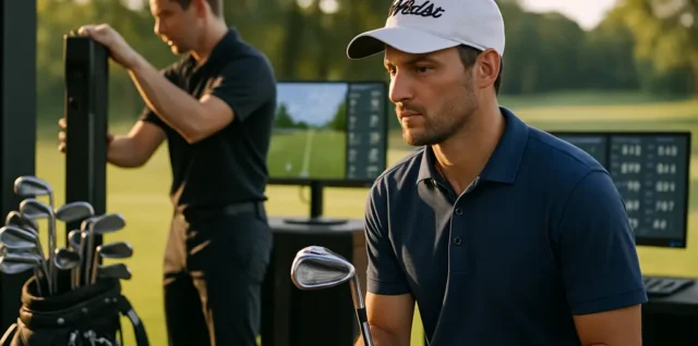 Golfer reviewing custom fitting trends on a launch monitor with clubs nearby