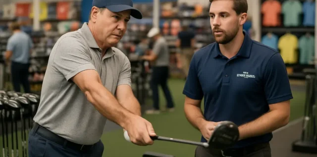 Delray Beach fitting bay with golfer testing clubs on a launch monitor