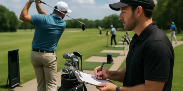 Golfer reviewing launch data after an Elev8 fitting day session