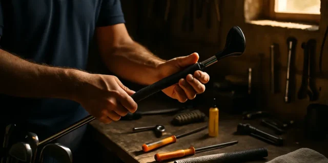Fall Golf Club Care setup with clean irons, towels, and grips on a workbench