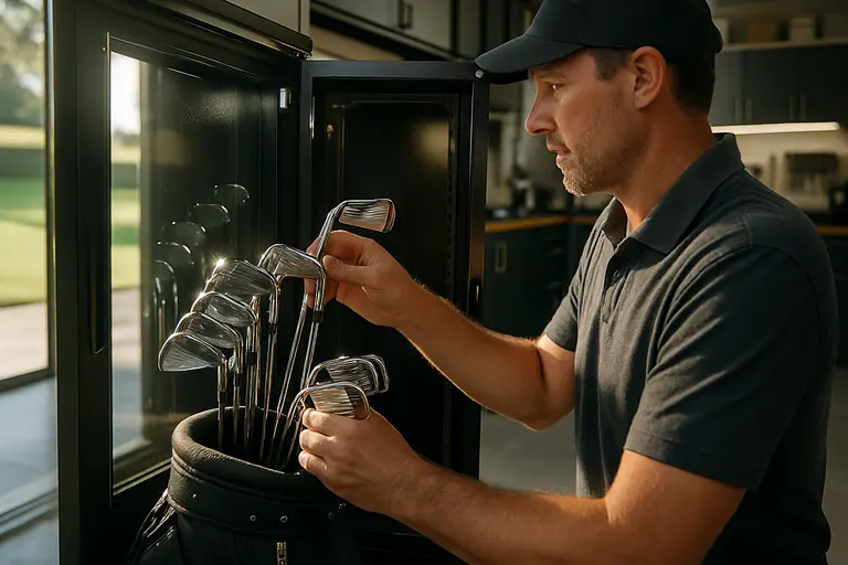 Golf bag stored upright in a dry indoor space with clubs covered
