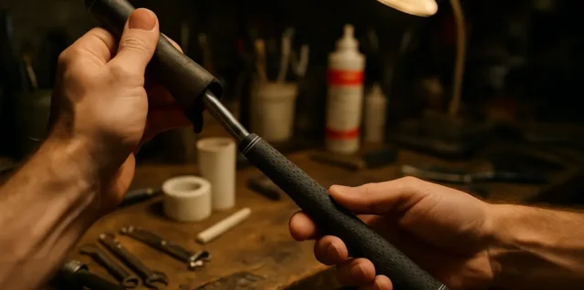 Golf Club Maintenance setup with towel, brush, irons, and wedges on a workbench