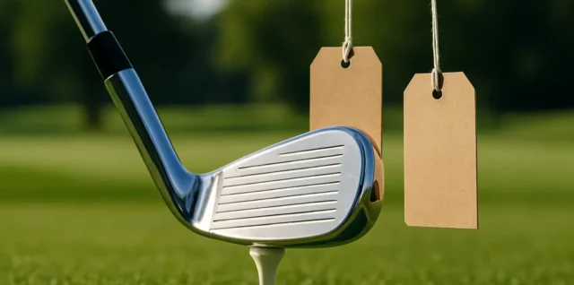 Golf equipment pricing discussion with clubs and a fitting monitor in a shop