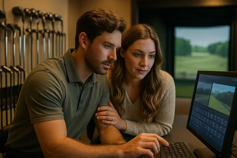 Golfer and fitter reviewing shot dispersion after testing several clubs