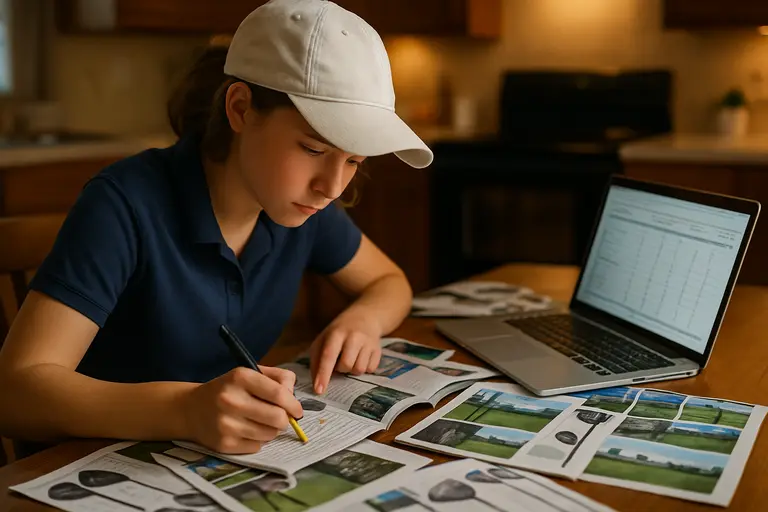Golfer comparing current clubs with test clubs beside a launch monitor