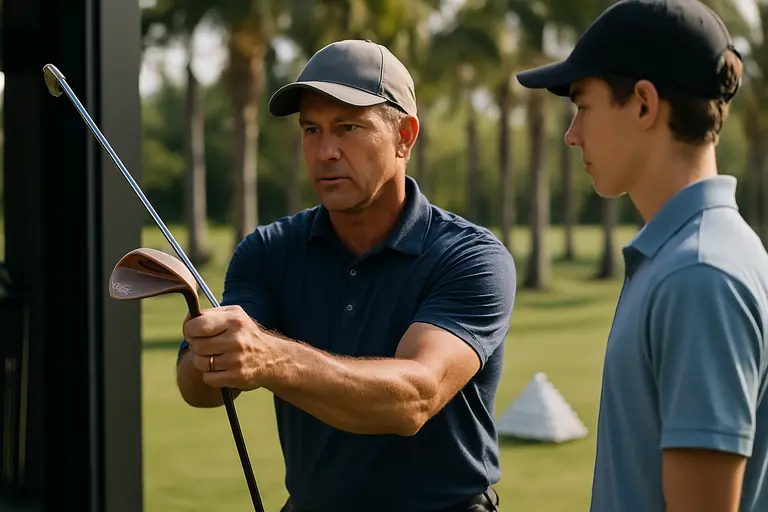 Golfer hitting a partial wedge shot during an outdoor fitting session