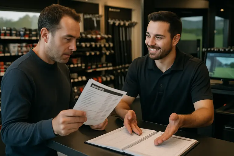 Golfer reviewing club specifications with a fitter beside a hitting bay