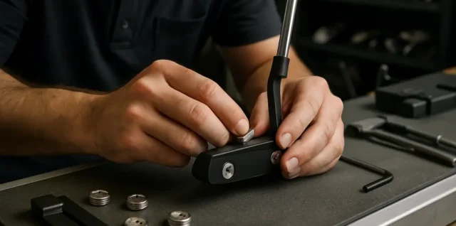 Golfer testing a modular putter design on an indoor putting green