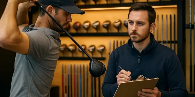 premium club fitting bay with a launch monitor and golf bag