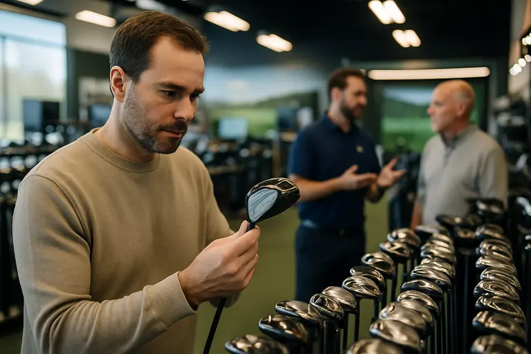 Used golf drivers lined up on a rack for comparison