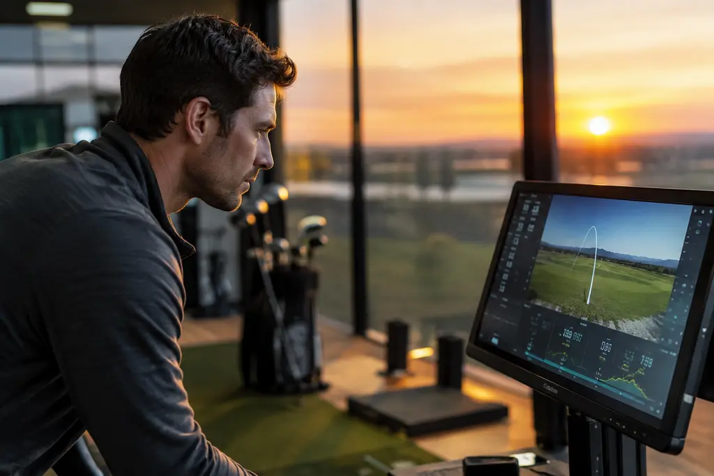 Affordable launch monitor beside golf balls in an indoor fitting bay