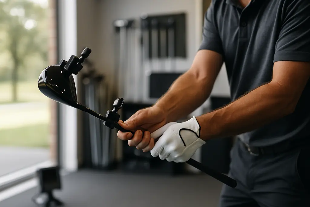 biomechanics driver fitting session with a golfer swinging in a launch monitor bay