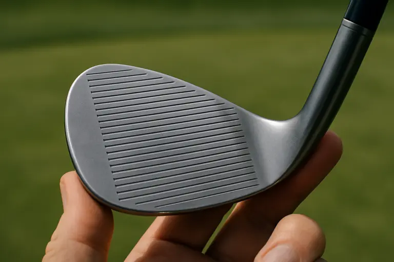 Close view of clean wedge grooves and a golf ball on damp grass