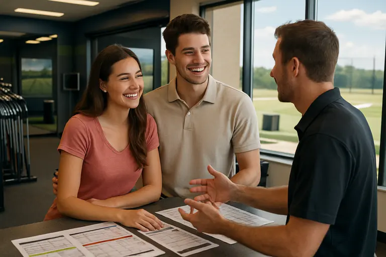 Club-fitter and golfer reviewing a written quote at a fitting counter