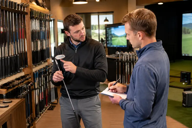 Club fitter checking a wedge sole while a golfer watches at a fitting bay