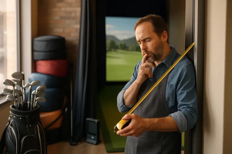 Club-fitter comparing golf shafts near a launch monitor station