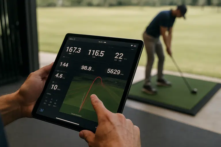 Club-fitter comparing launch monitor numbers with a golfer after a swing