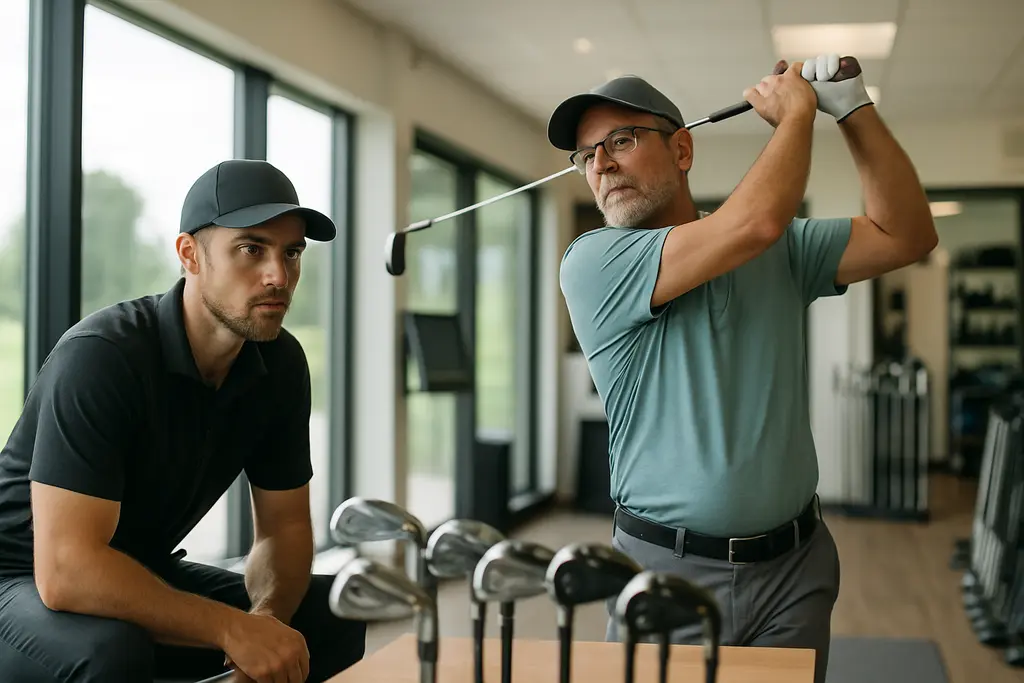 Golfer testing drivers during club fitting days with a launch monitor nearby