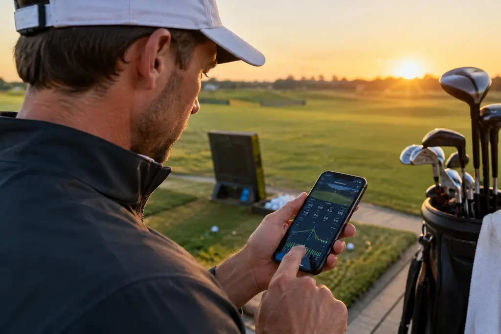 Golfer reviewing club fitting trends on a phone beside irons and a launch monitor