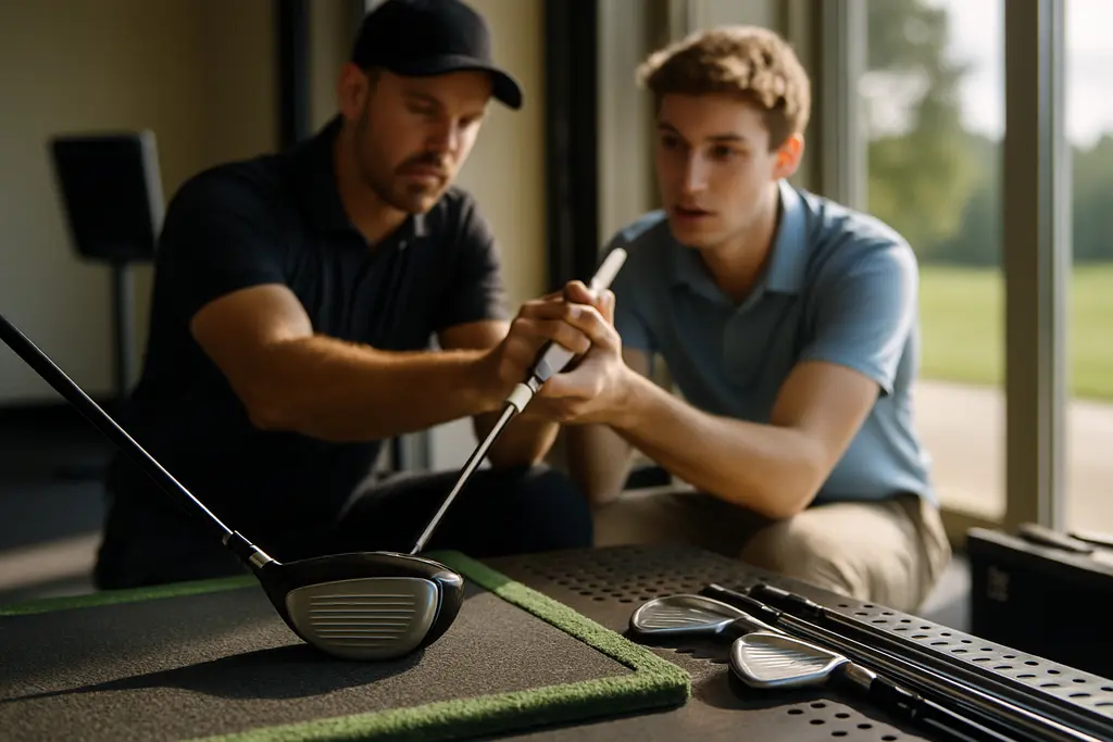 New golfer during a custom fitting session with clubs and launch monitor in an indoor bay
