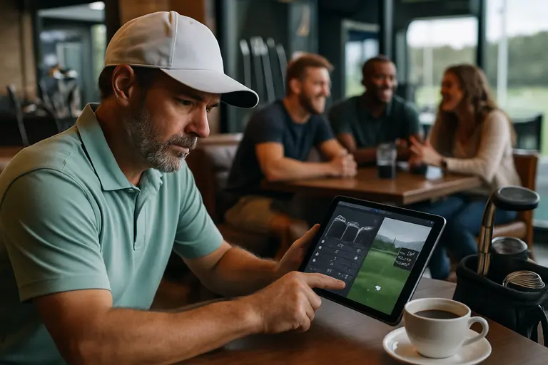 fitter comparing carry distance and dispersion numbers on a tablet